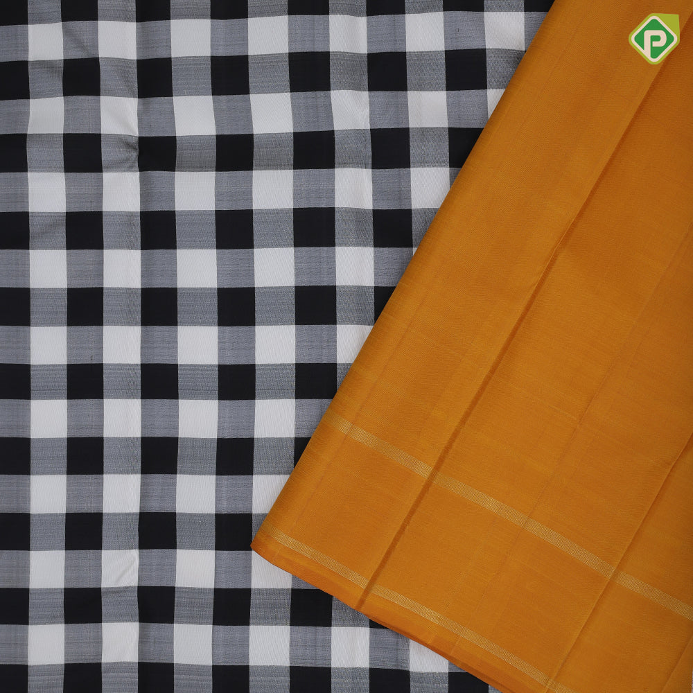 Black and white chess board checks design mango yellow gold zari rettapett border traditional silk saree