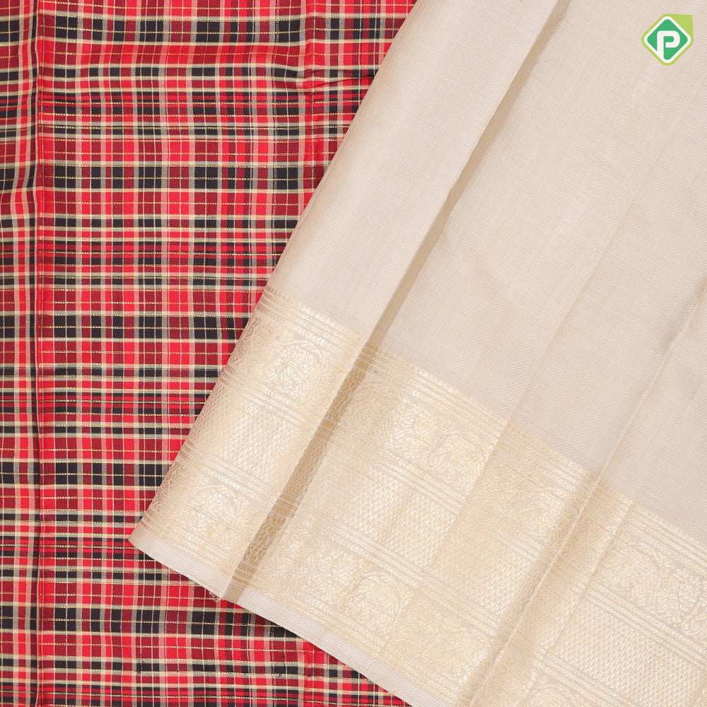 Tri color with gold zari checks design cream white gold zari peacock annam mid mayikan border traditional silk saree