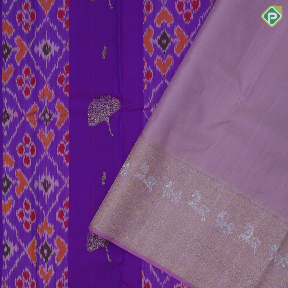 Purple Gold Zari Flower And Ikkat Design Baby Pink Elephant Horse Peacock Floral Border Design Trendy Silk Saree
