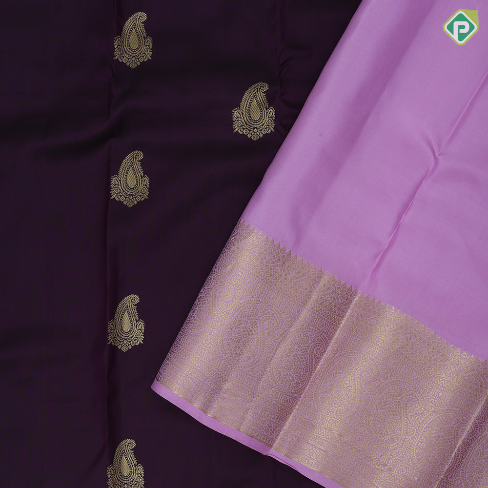 Dark Purple Gold Zari Mango Butta Design Baby Pink Ruthracham Mango Border Design Traditional Silk Saree