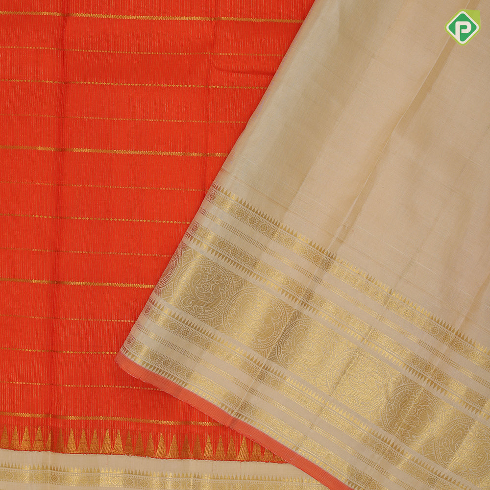 Tiger orange gold zari velthari lines design cream white gold zari peacock round multi lines border traditional vintage silk saree