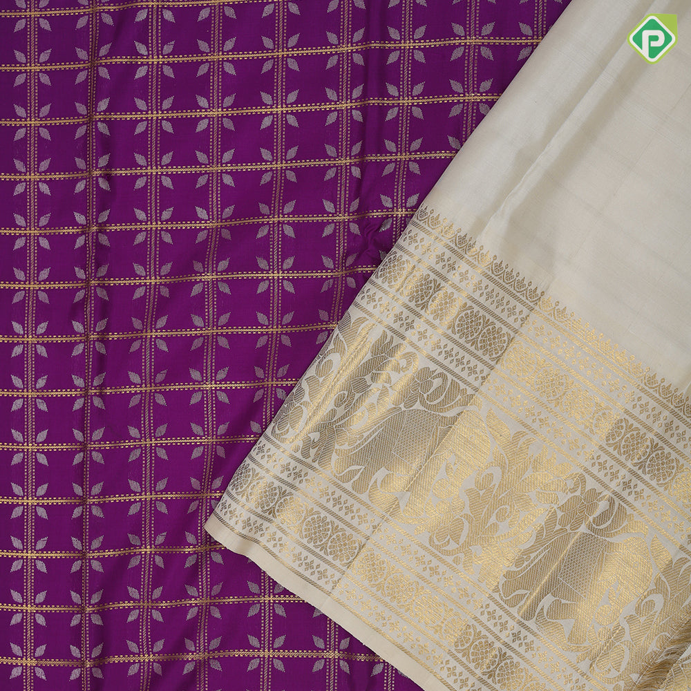 Purple silver gold zari floral designed checks milk white gold zari elephant floral rangoli design border bridal silk saree