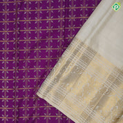 Purple silver gold zari floral designed checks milk white gold zari elephant floral rangoli design border bridal silk saree