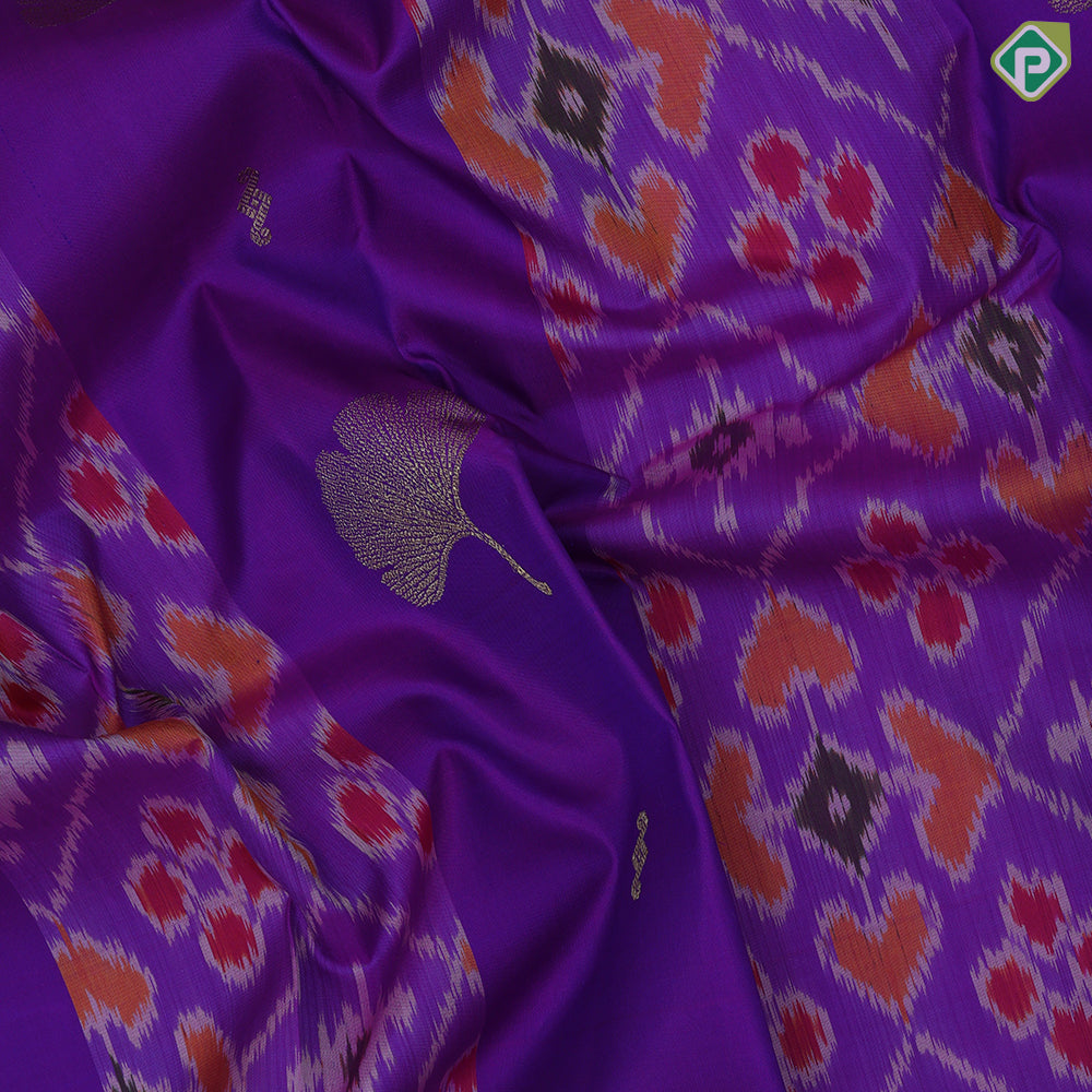 Purple Gold Zari Flower And Ikkat Design Baby Pink Elephant Horse Peacock Floral Border Design Trendy Silk Saree