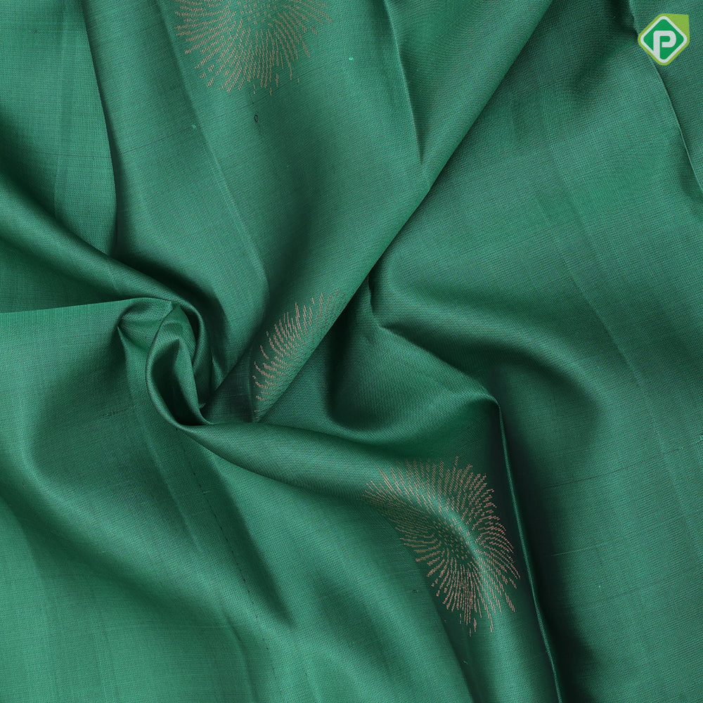 Teel green copper zari fancy flower butta contrast blue copper zari flower border pure mix soft silk saree
