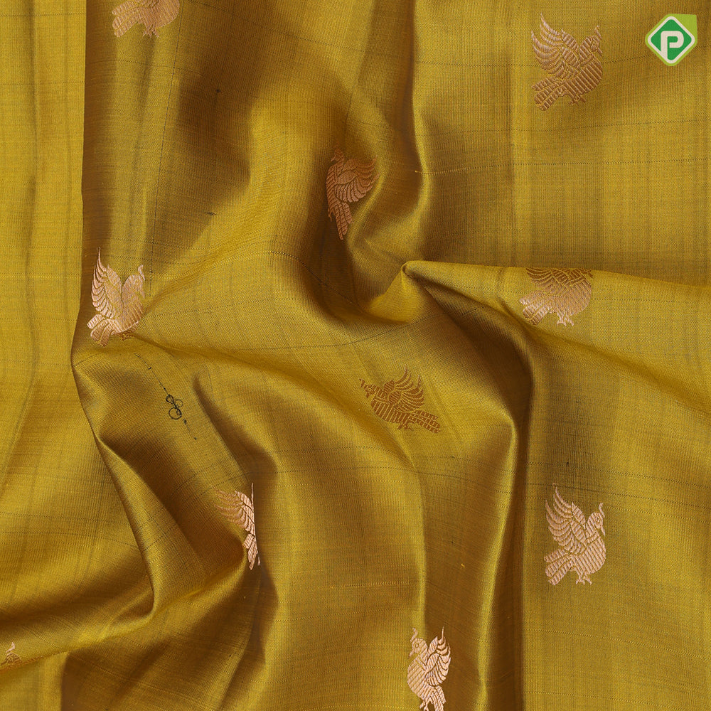 Olive Yellow Gold Zari Peacock Butta Design Green Colour Traditional Style Border Design Pure Mix Silk Saree