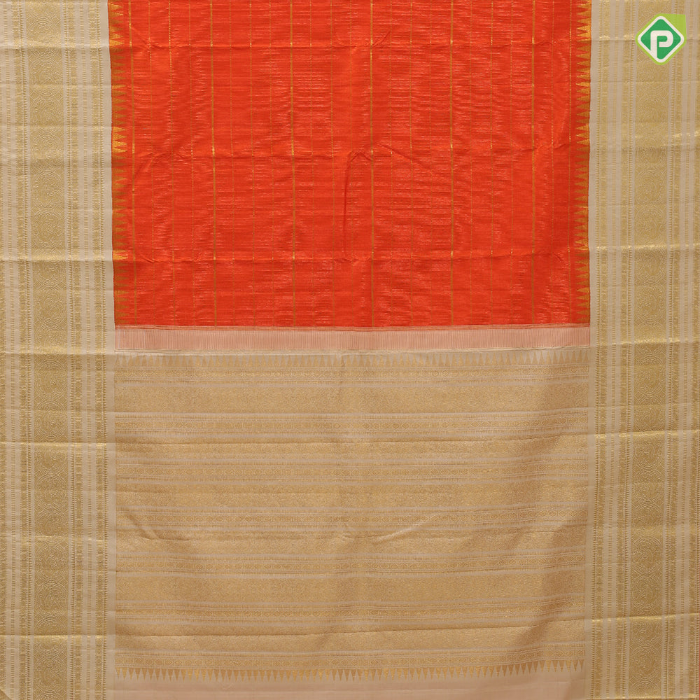 Tiger orange gold zari velthari lines design cream white gold zari peacock round multi lines border traditional vintage silk saree
