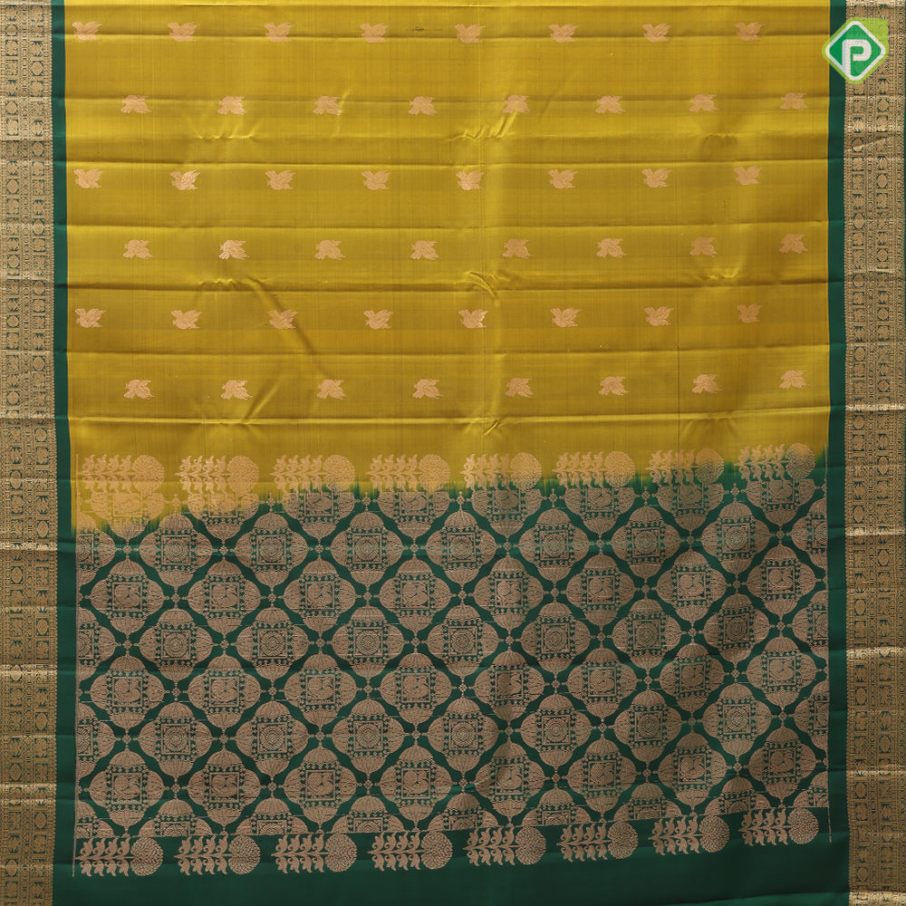Olive Yellow Gold Zari Peacock Butta Design Green Colour Traditional Style Border Design Pure Mix Silk Saree