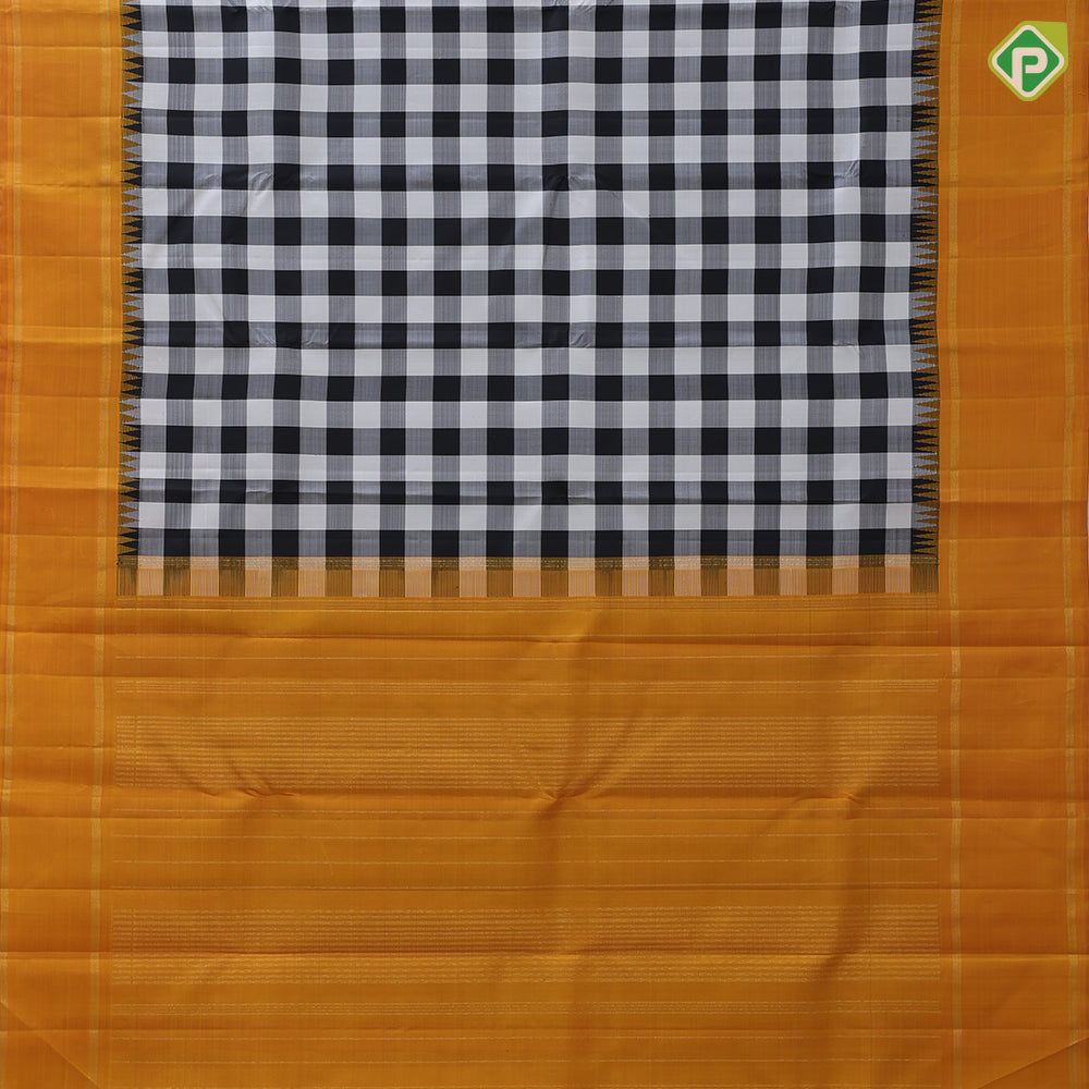 Black and white chess board checks design mango yellow gold zari rettapett border traditional silk saree