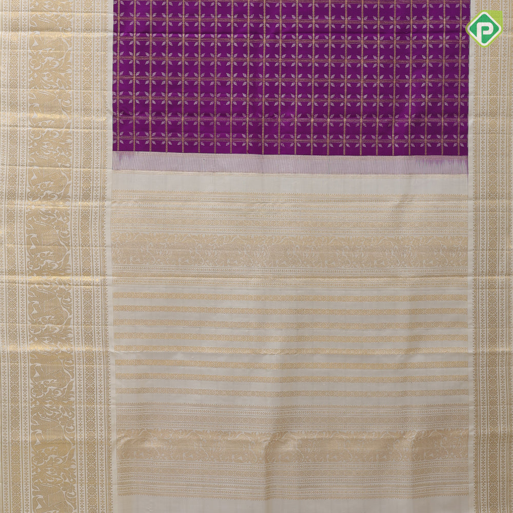 Purple silver gold zari floral designed checks milk white gold zari elephant floral rangoli design border bridal silk saree