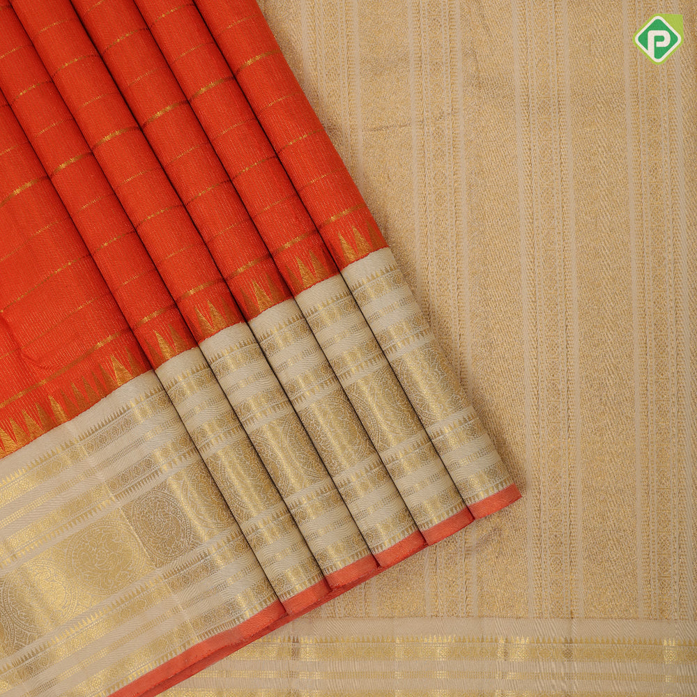Tiger orange gold zari velthari lines design cream white gold zari peacock round multi lines border traditional vintage silk saree