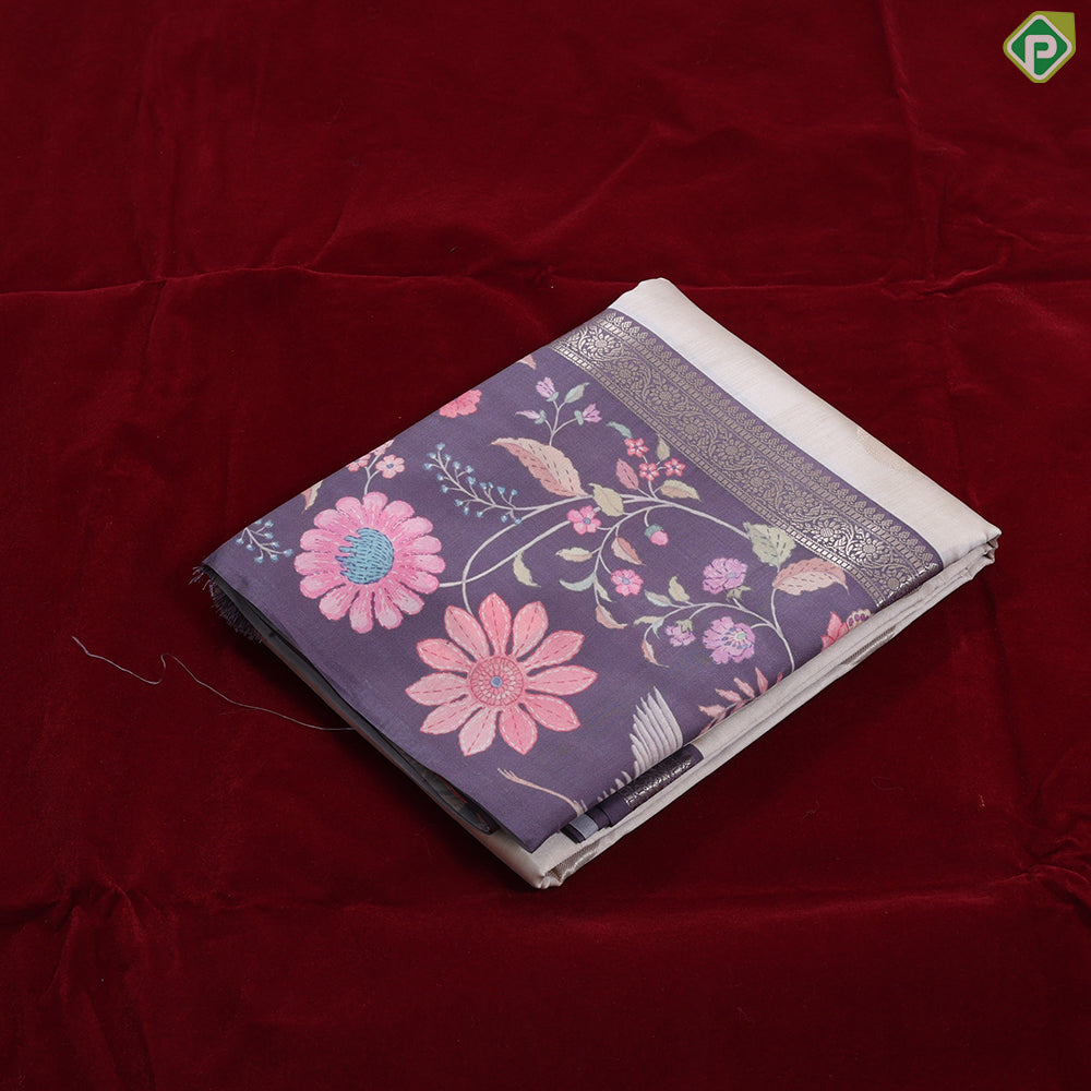 cream with gold zari round butta design grape grey with multi color floral design border semi tusser saree