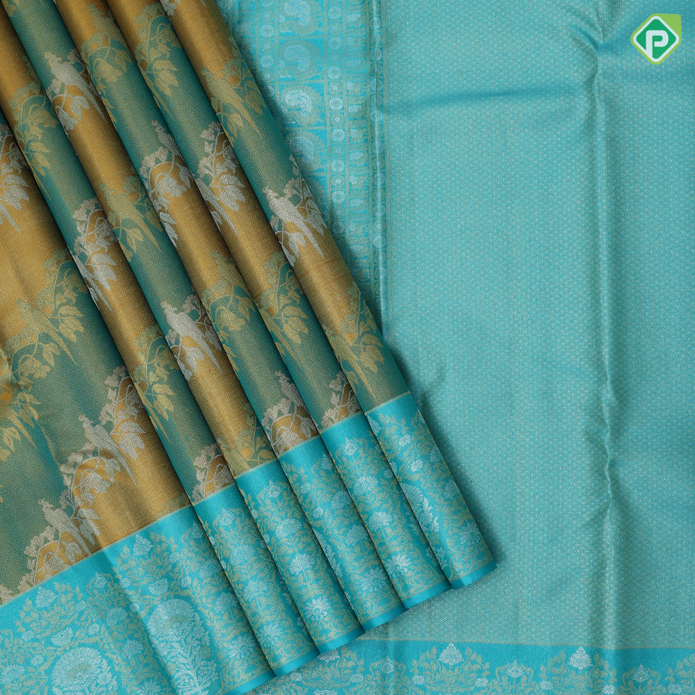 Golden yellow silver gold zari grand floral creeper and peacock design sea green silver gold zari floral border trendy rangkat silk saree