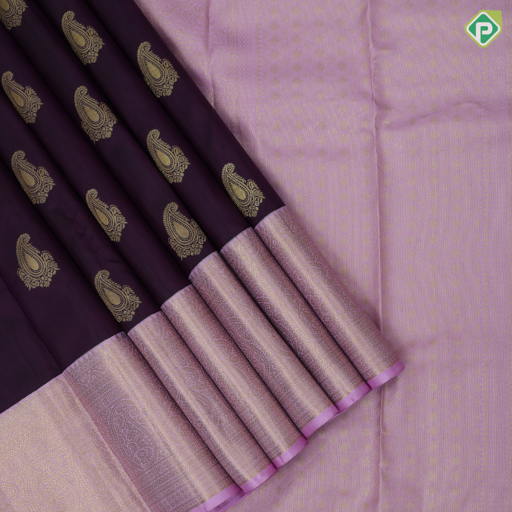 Dark Purple Gold Zari Mango Butta Design Baby Pink Ruthracham Mango Border Design Traditional Silk Saree