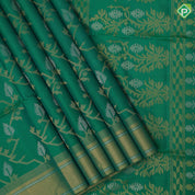 Forest green silver gold zari geometrical design self gold zari silver zari lines border soft silk saree