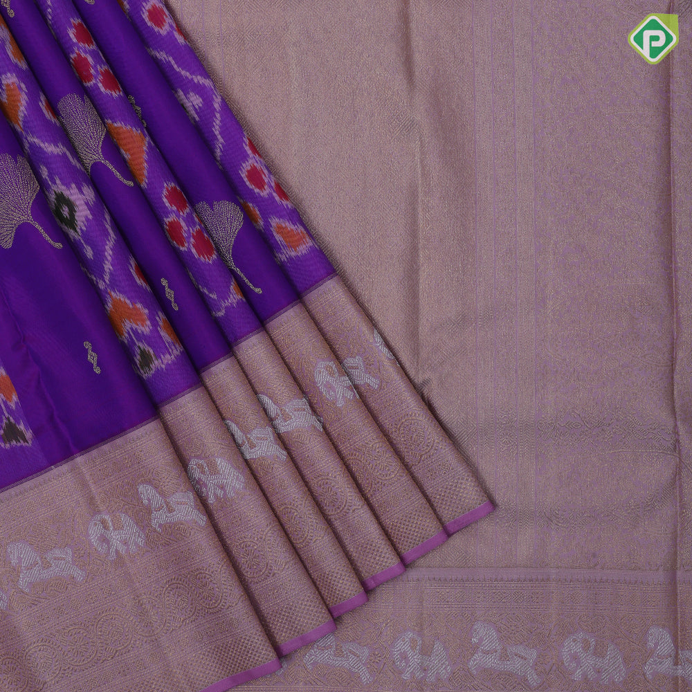 Purple Gold Zari Flower And Ikkat Design Baby Pink Elephant Horse Peacock Floral Border Design Trendy Silk Saree
