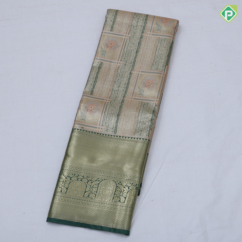 green base pastel red frame flower design self color gold zari grand border tissue art silk saree