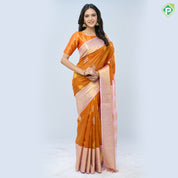 Honey orange silver gold zari thilagam butta light pink gold zari diamond and creeper design border organza silk saree