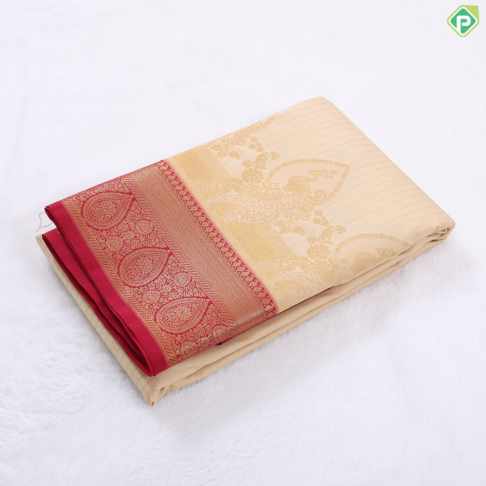 Tomato red gold zari stripes peacock design contrast cream gold zari thilagam border art silk gift saree