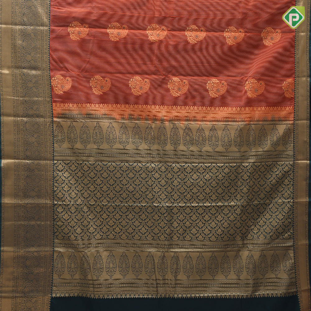 Honey orange gold zari stripes and fancy mango meena work army green gold zari thilagam border art silk saree