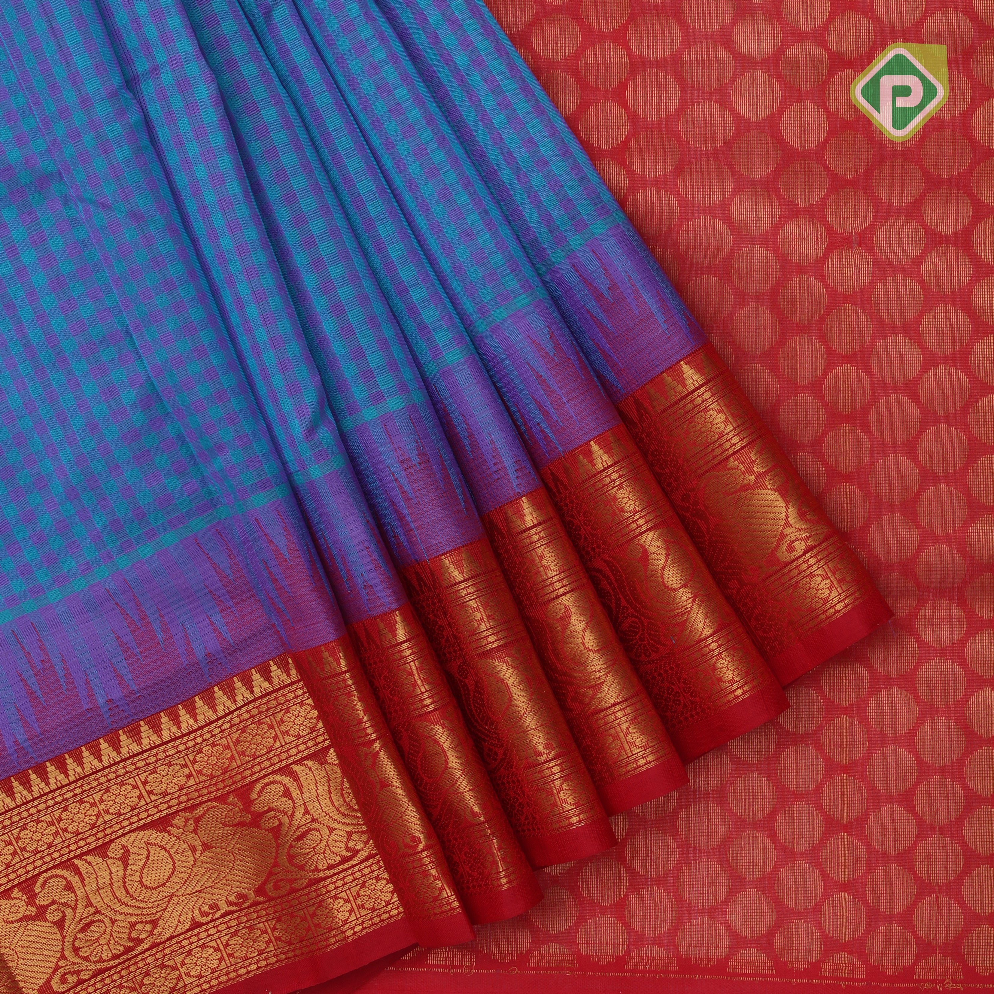 blue base Multi color checked grand pallu red gold zari koorvai temple border silk cotton saree