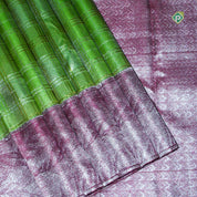 Parrot Green Violet Pink With Silver Zari Fancy Design Traditional Silk