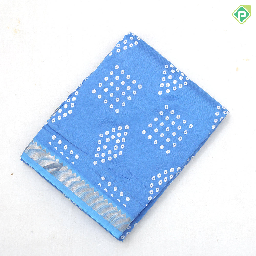 Light color base white dots grouped shapes design self silver zari border fancy chiffon sarees