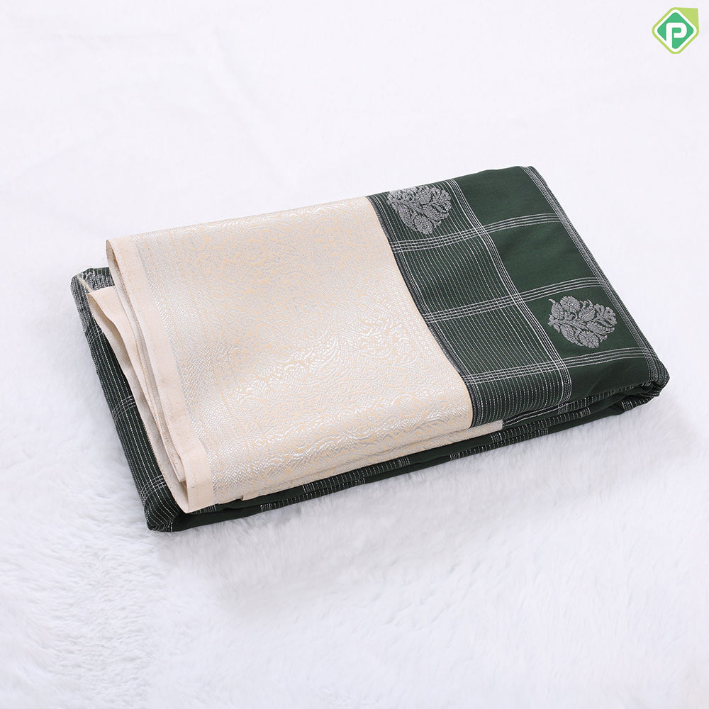 Forest green silver zari checks and Butta design contrast beige border art silk gift saree
