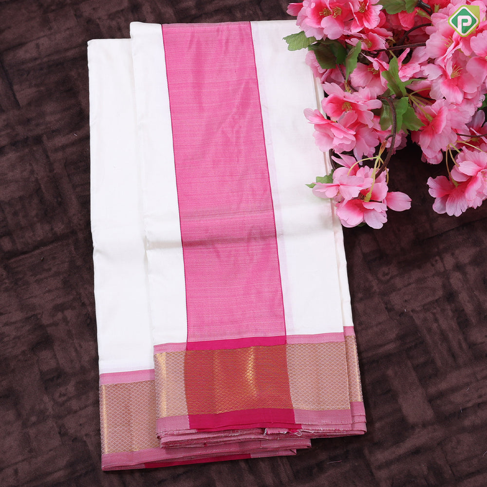 Cream White Rose Pink Gold Zari 120 Kuligai Mayikan Border Vest Dhoti Shirt Set