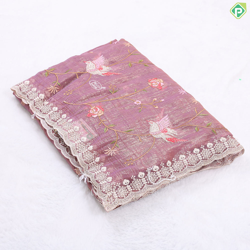Porpoise grey tissue effect floral embroidered design edge cut work border Holly wood fancy saree