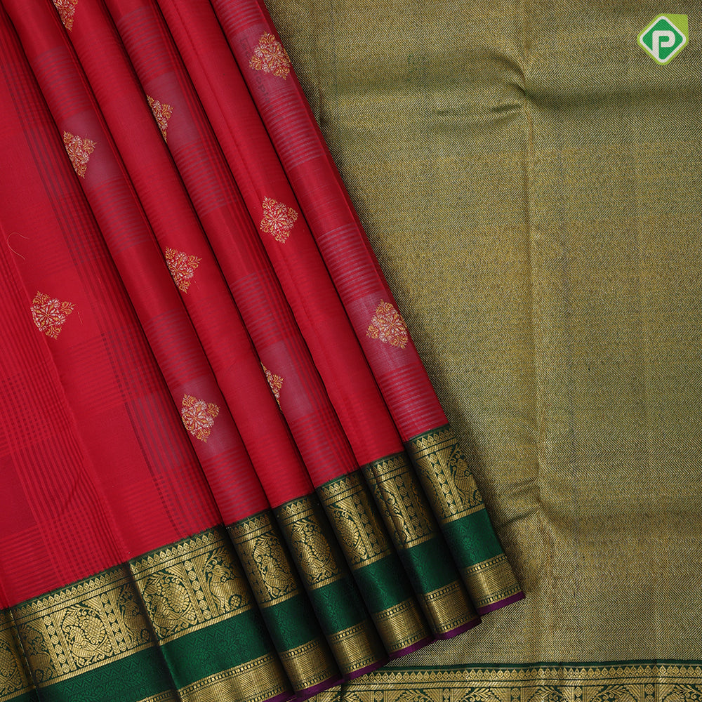 Chilly red kora design silver gold zari diamond butta bottle green gold zari meena work border traditional silk saree