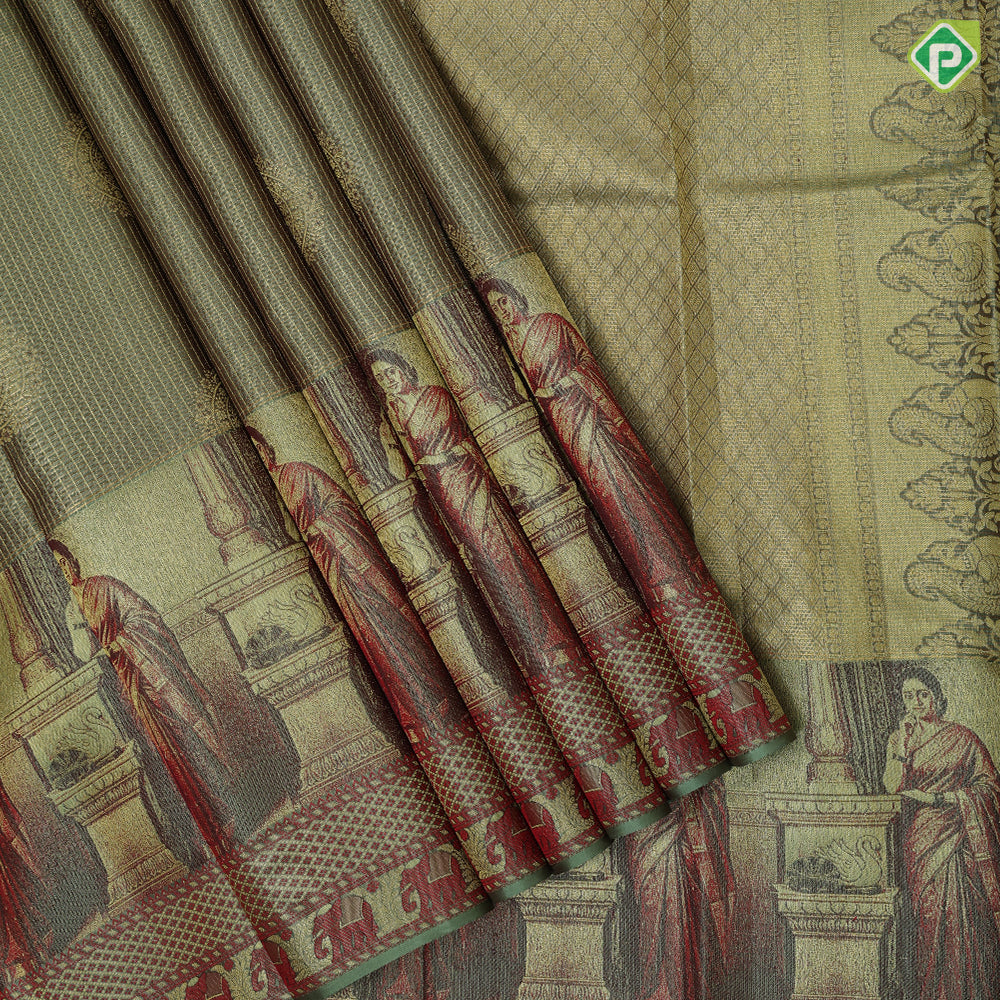Mint green gold zari kattam checked round butta self thamayanthi stading posture art effect painting signature silk saree