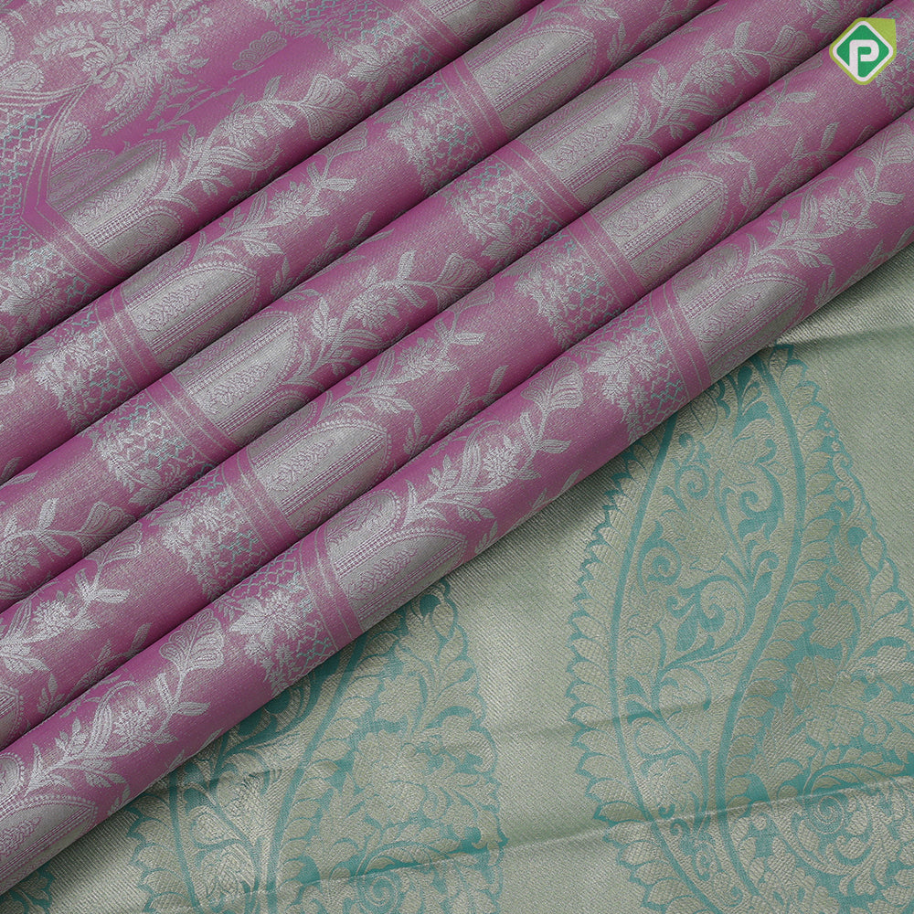 Pink silver zari fancy flower and arch design rama green gold zari rangoli border tissue art silk saree
