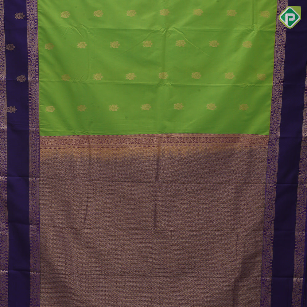 Pastel green gold zari fancy flower butta design contrast blue gold zari rettapet mid butta design art silk saree