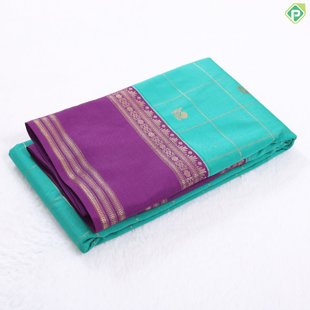 Parrot green gold zari checkered peacock butta design contrast purple rettapet border art silk gift saree
