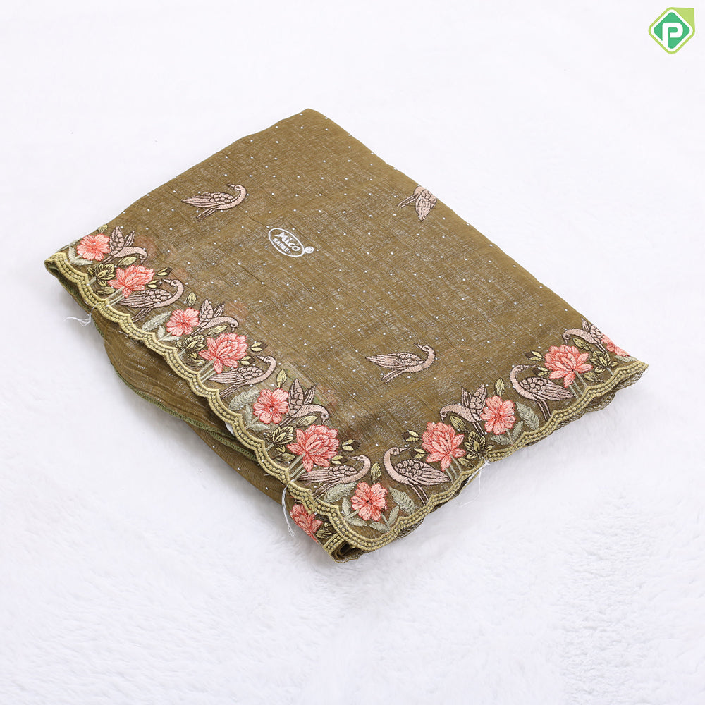 Mustard yellow tissue effect flamingo butta embroidered design multi color cut work border hollywood fancy saree