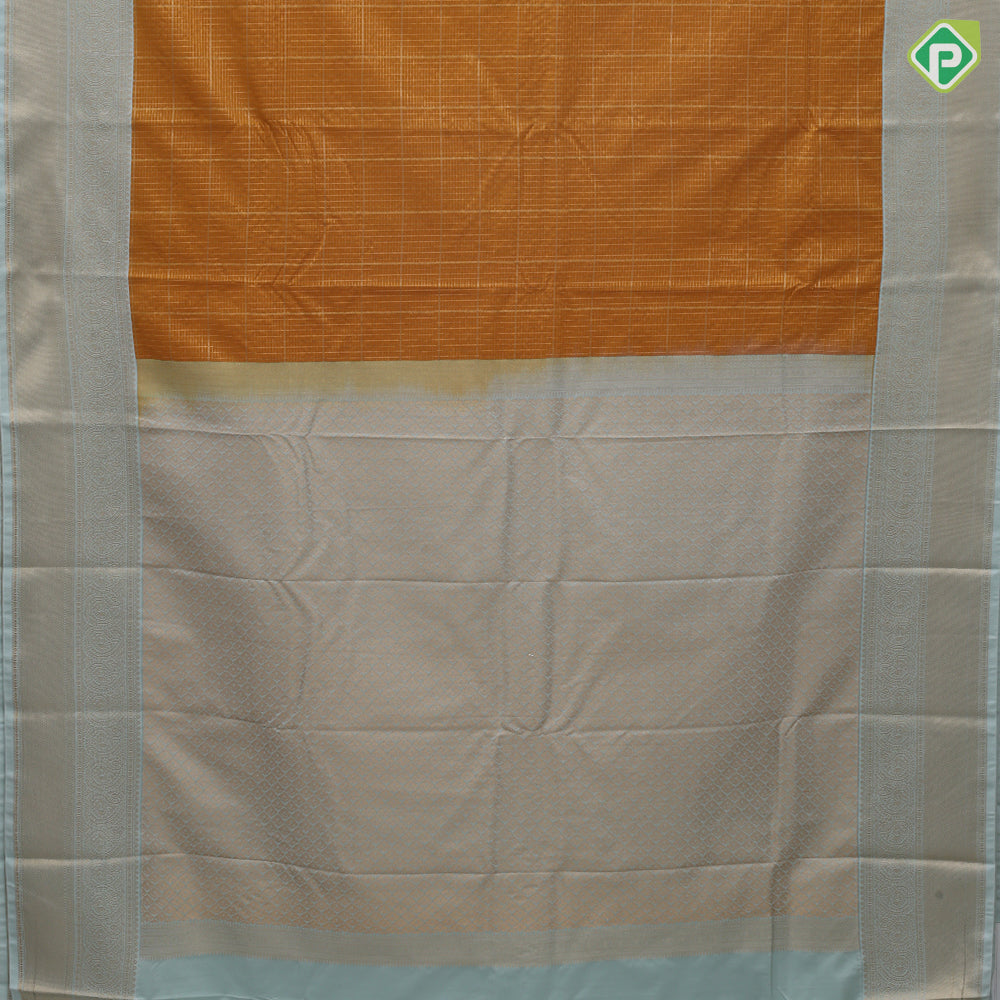 Mustard yellow gold zari checked window panel design mint green gold zari mango butta border art silk saree