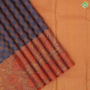 Cool grey honey orange gold zari checks design contrast flowers and leaves border contemporary silk saree