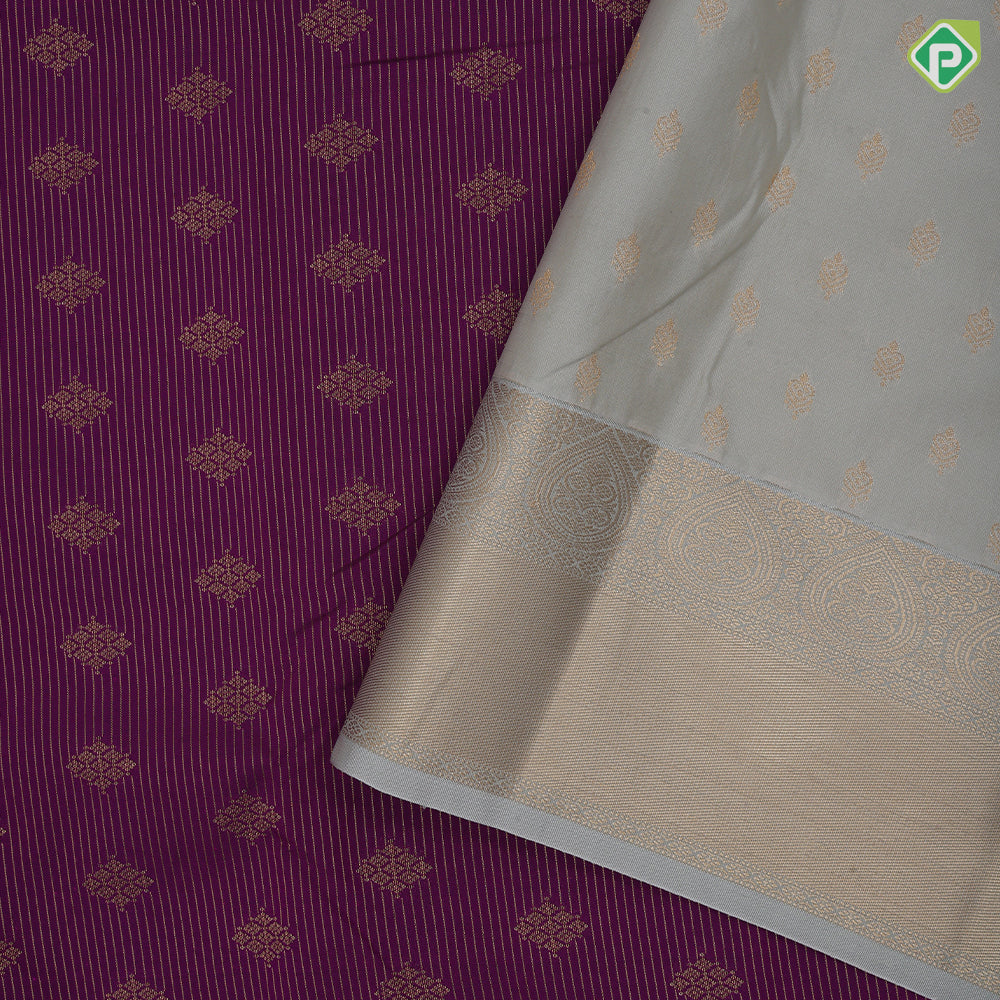 Purple gold zari stripes and square fancy butta design greyish gold zari thilagam butta border art silk saree