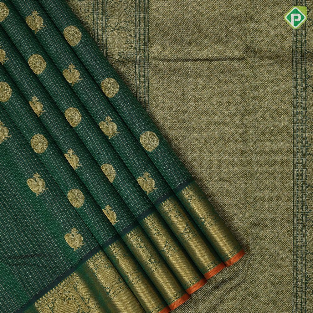 Bottle green gold zari peacock chakkaram butta self gold zari peacock mango butta border traditional silk saree