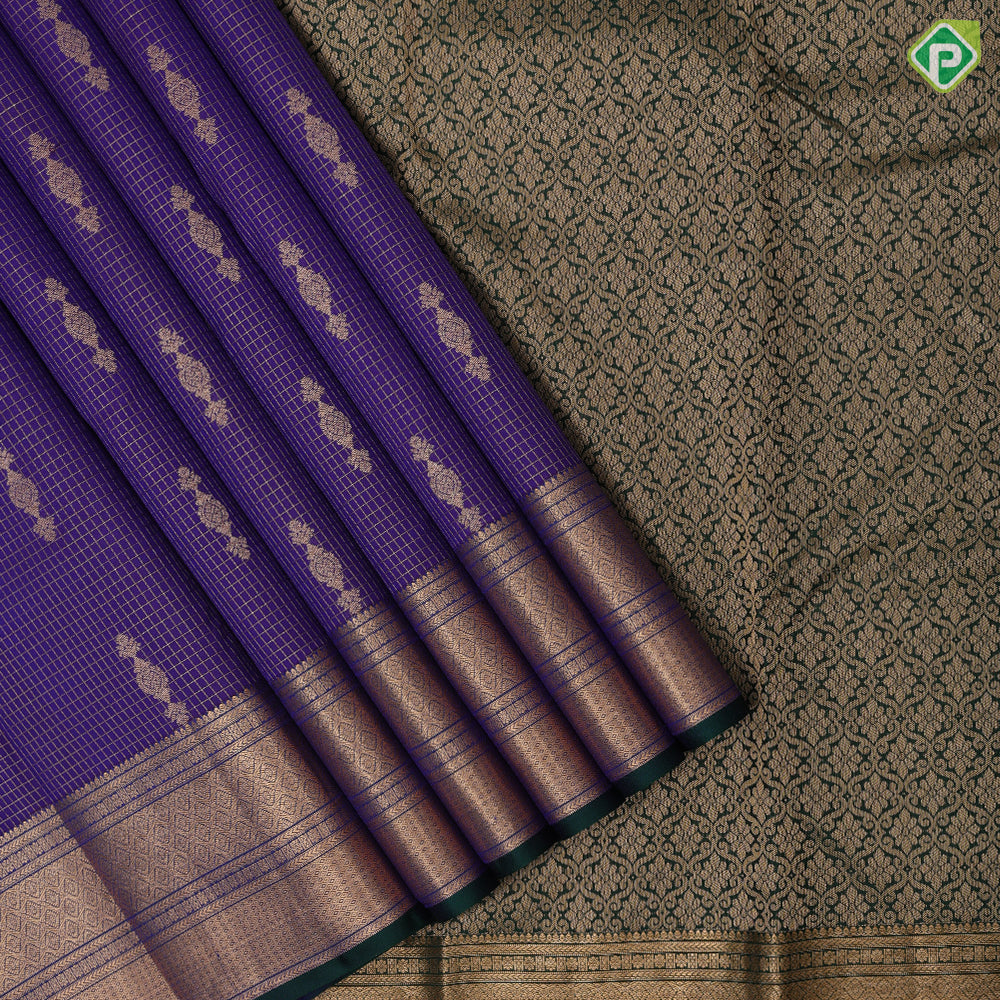 Violet Gold Zari Vairaoosi Checks Jhumki Design Self Colour Mayilkan Flower Border Design Traditional Silk Saree