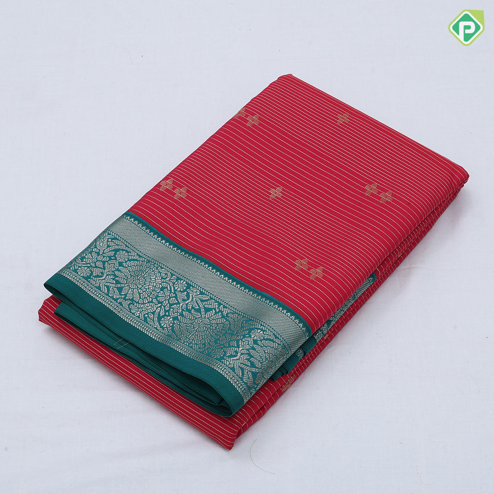 Tomato red gold zari lines and star butta design sky blue neem zari rangoli border art silk saree