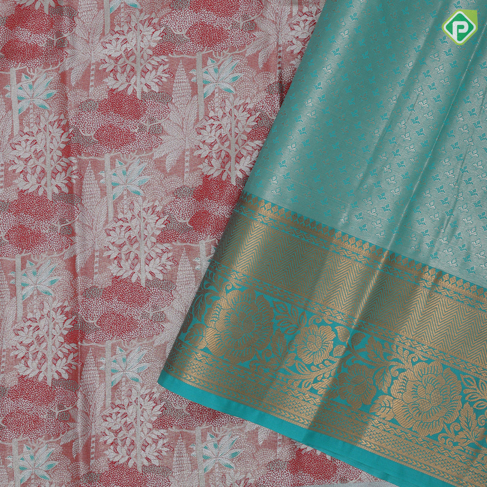 Orangish pink silver zari painting design rexona green gold zari flower butta border tissue art silk saree