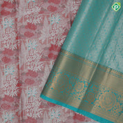 Orangish pink silver zari painting design rexona green gold zari flower butta border tissue art silk saree