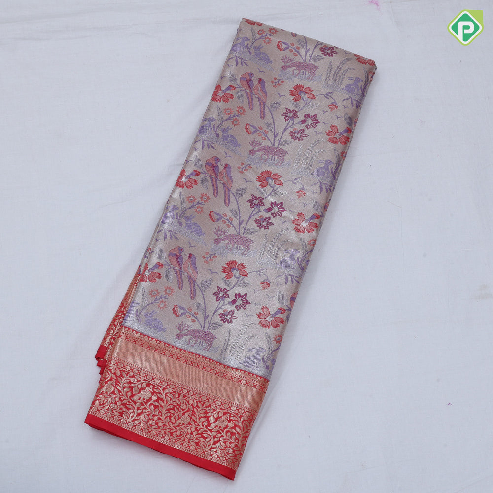 Pewter pink base multi color wild effect design dark green gold zari floral birds design border tissue art silk saree