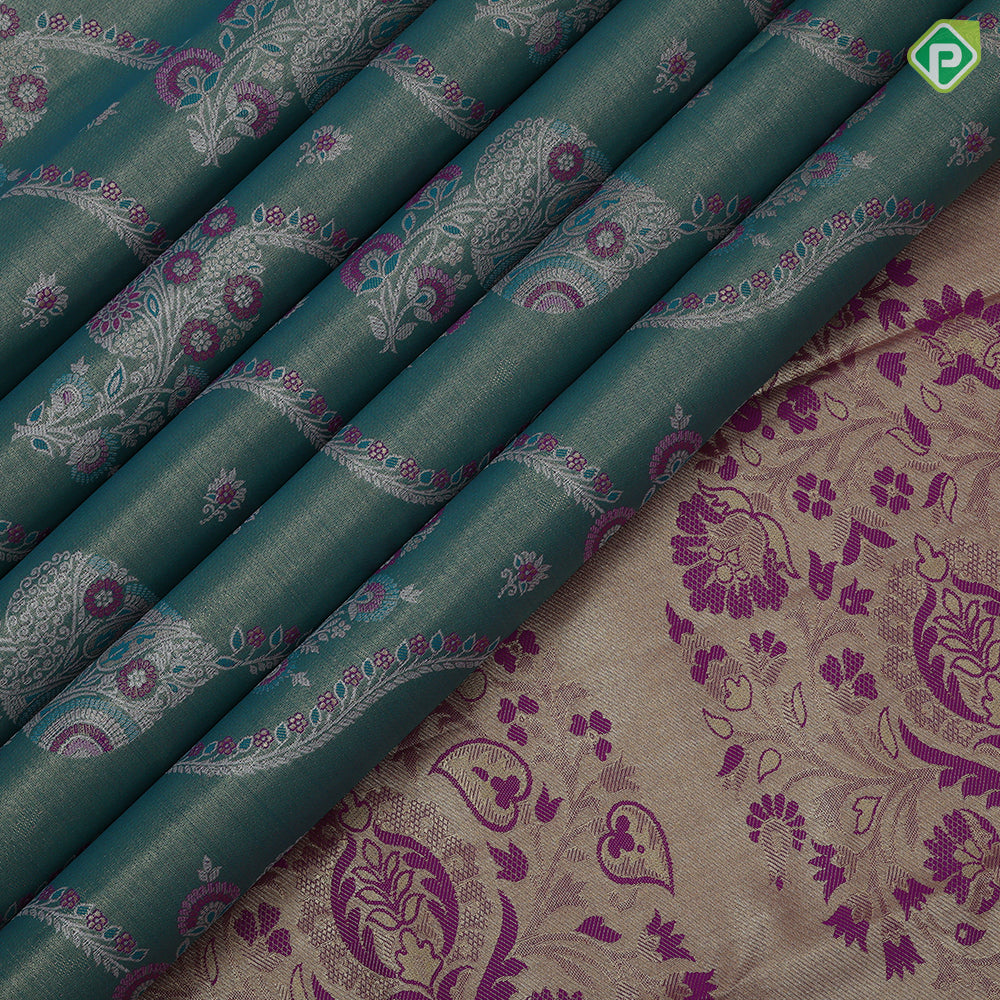 Rama green silk thread floral design rani pink gold zari grand border art tissue silk saree