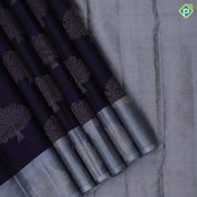 Indigo blue gold zari tree butta grey plain tree butta border trendy designer pure mix silk saree