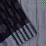Indigo blue gold zari tree butta grey plain tree butta border trendy designer pure mix silk saree
