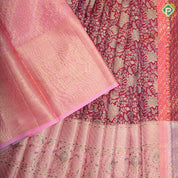 Magenta red gold zari grand floral design light pink gold zari meena work border pattu paavadai lehanka