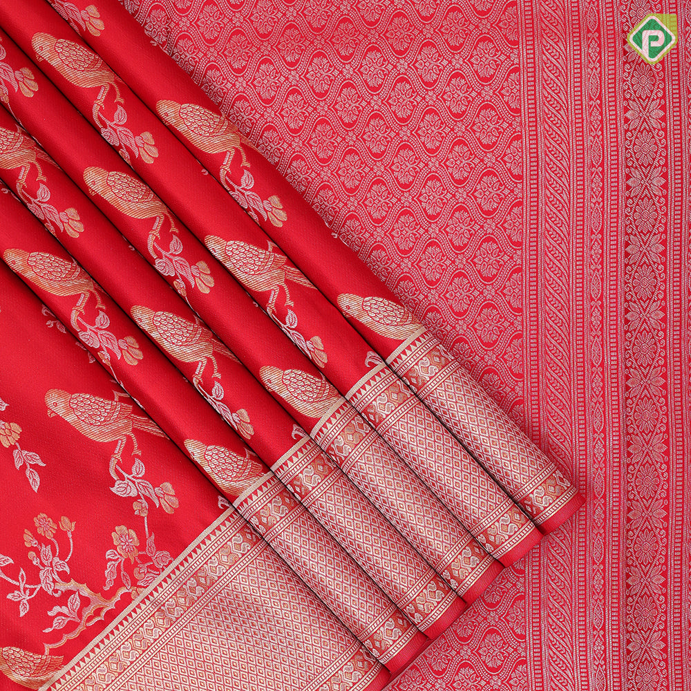 Chilly red silver gold zari sparrow on branch design self silver gold zari diamond border grand bridal tissue silk saree